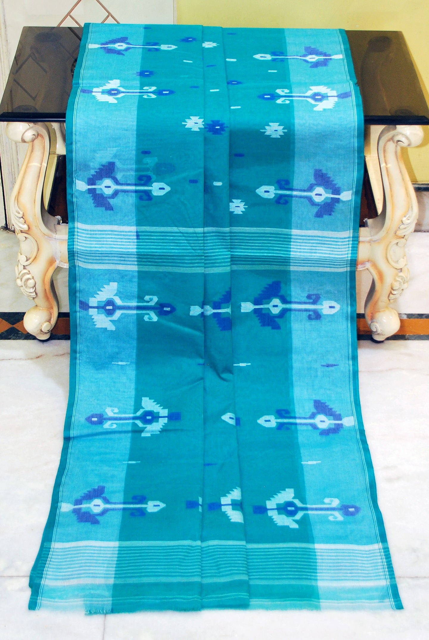 Hand Work Cotton Dhakai Jamdani Saree in Saeagreen, Off White and Blue