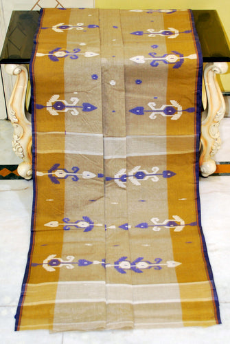 Hand Work Cotton Dhakai Jamdani Saree in Light French Beige, Royal Blue and Off White