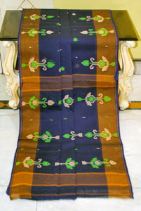 Hand Work Cotton Dhakai Jamdani Saree in Midnight Blue, Green, Blue and Mustard Golden