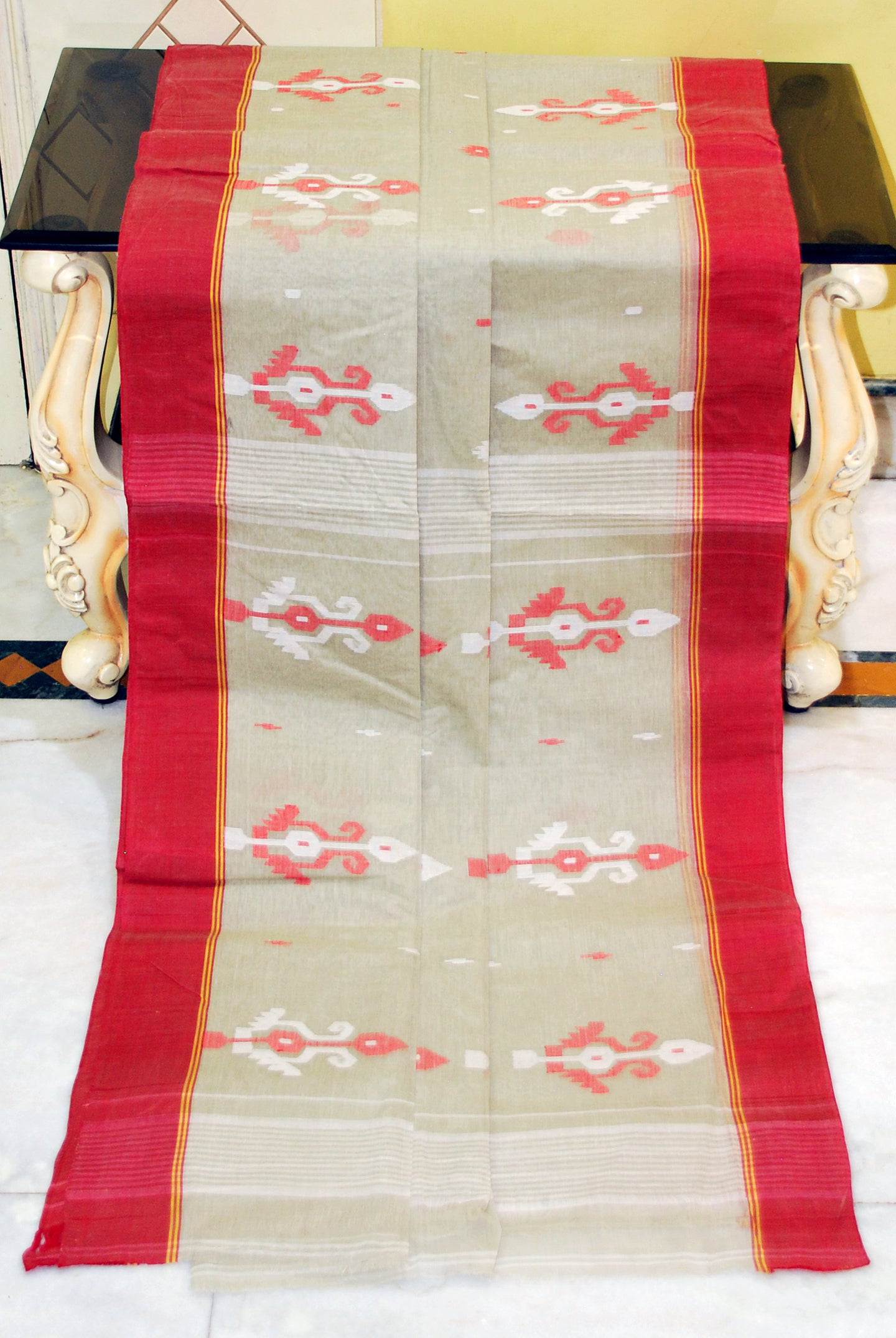 Hand Work Cotton Dhakai Jamdani Saree in Royal Beige, Red and Off White