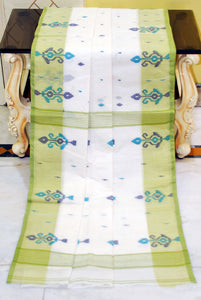 Hand Work Cotton Dhakai Jamdani Saree in White, Pastel Green, Navy Blue and Multicolored