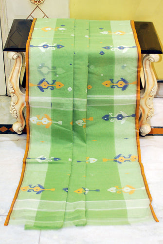 Hand Work Cotton Dhakai Jamdani Saree in Pastel Green, Off White and Multicolored