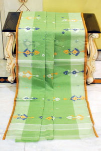 Hand Work Cotton Dhakai Jamdani Saree in Pastel Green, Off White and Multicolored