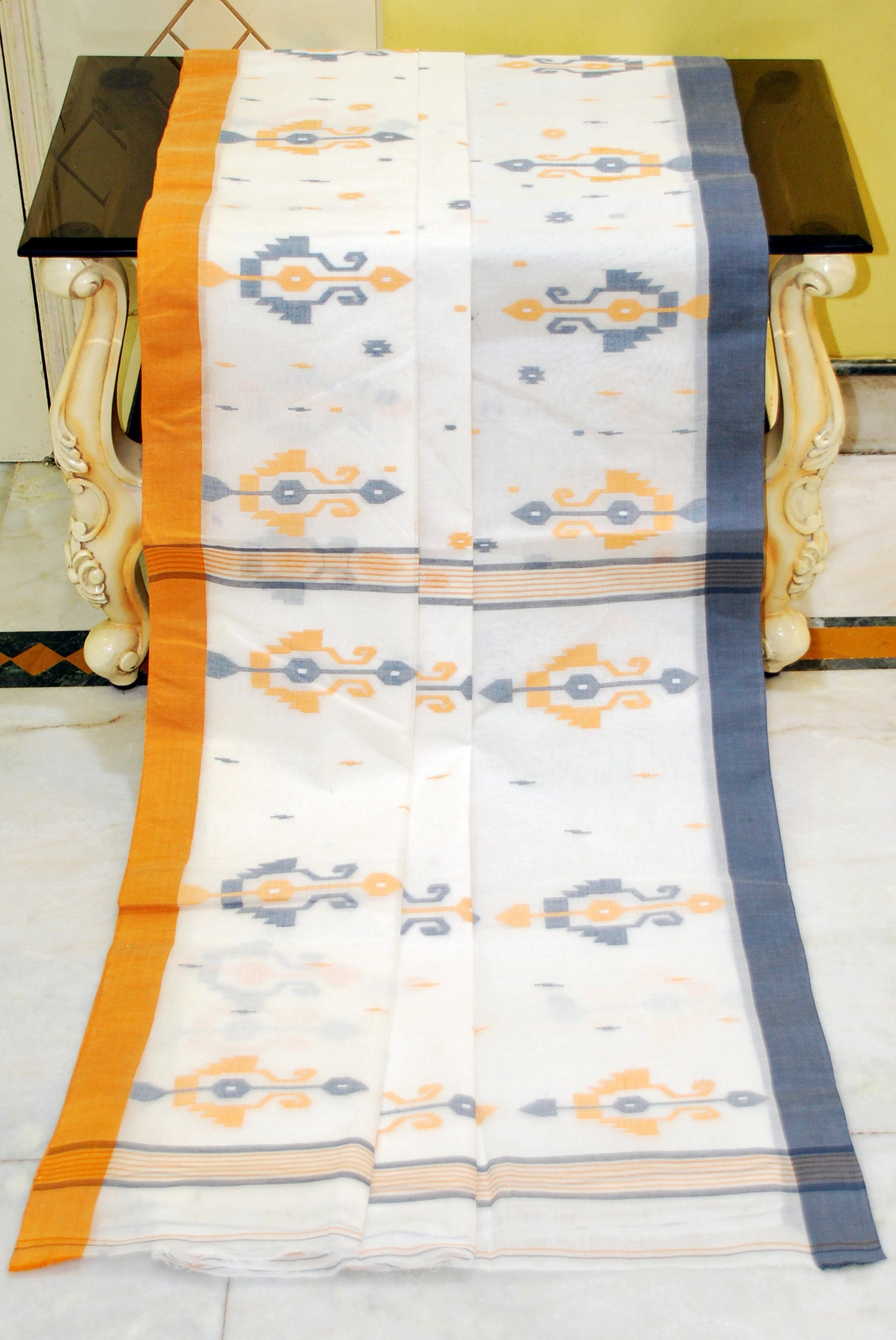 Hand Work Cotton Dhakai Jamdani Saree in Off White, Amber Yellow and Grey