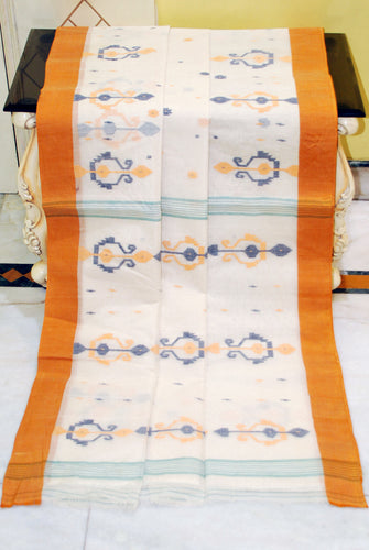 Hand Work Cotton Dhakai Jamdani Saree in Off White, Mustard Golden and Navy Blue