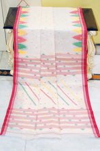 Crowned Temple Border Work Pure Cotton Bengal Jamdani Saree in Off White, Red, Green and Yellow