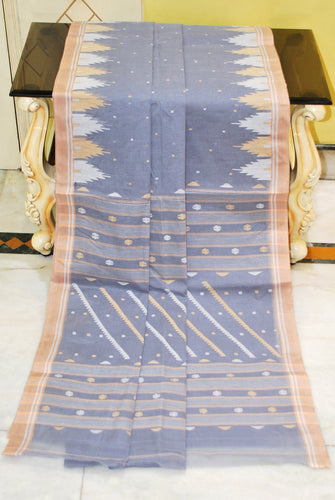 Crowned Temple Border Work Pure Cotton Bengal Jamdani Saree in Smoke Grey, Beige and Off White