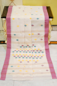 Rhombus Motif Pallu Hand Work Cotton Dhakai Jamdani Saree Linen White, Purple and Multicolored