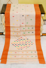 Rhombus Motif Pallu Hand Work Cotton Dhakai Jamdani Saree in Warm Beige, Dark Orange and Multicolored