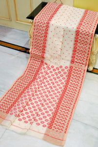Nakshi Floral Work with Polka Butta Cotton Jamdani Saree in Off White, Red and Beige Thread Work
