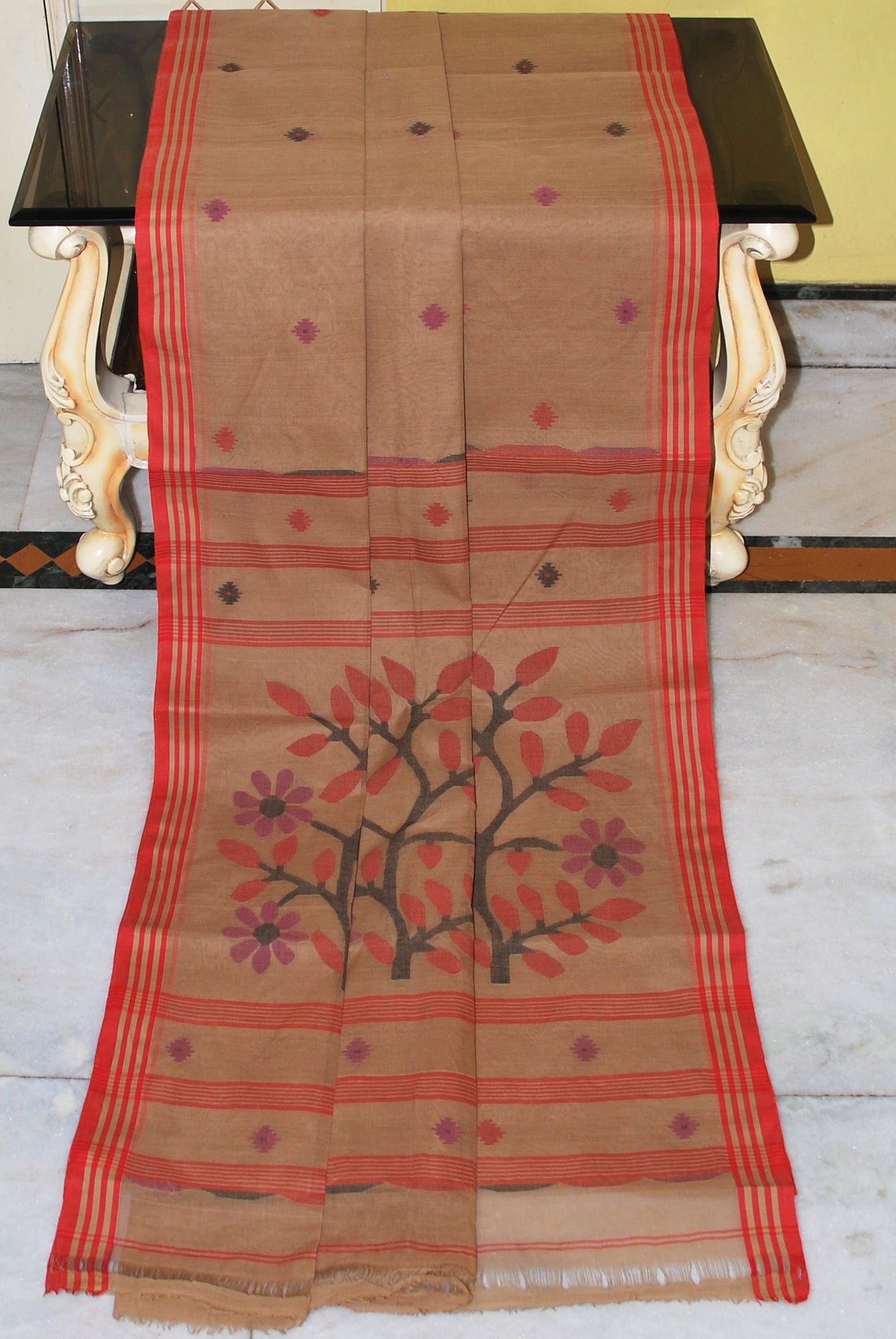 Hand Woven Cotton Dhakai Jamdani Saree in Brown, Red, Eggplant Purple and Black