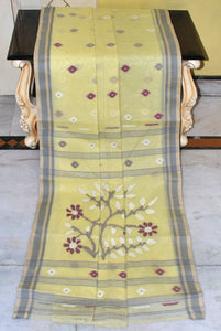 Hand Woven Cotton Dhakai Jamdani Saree in Pastel Yellow, Smoke Grey, Eggplant Purple and Off White