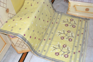 Hand Woven Cotton Dhakai Jamdani Saree in Pastel Yellow, Smoke Grey, Eggplant Purple and Off White