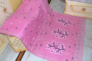 Hand Woven Cotton Dhakai Jamdani Saree in Light Pink, Midnight Blue, Beige and Off White