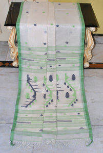 Traditional Needle Karat Work Poth Jamdani Saree in Off White, Paste Green, Black and Light Green