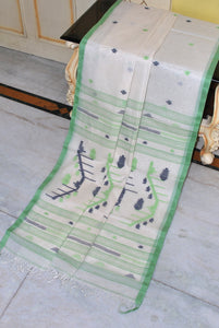 Traditional Needle Karat Work Poth Jamdani Saree in Off White, Paste Green, Black and Light Green