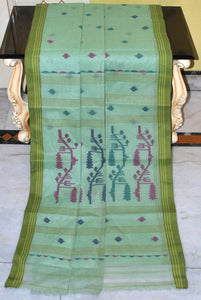 Traditional Needle Karat Work Poth Jamdani Saree in Pistachio Green and Multicolored