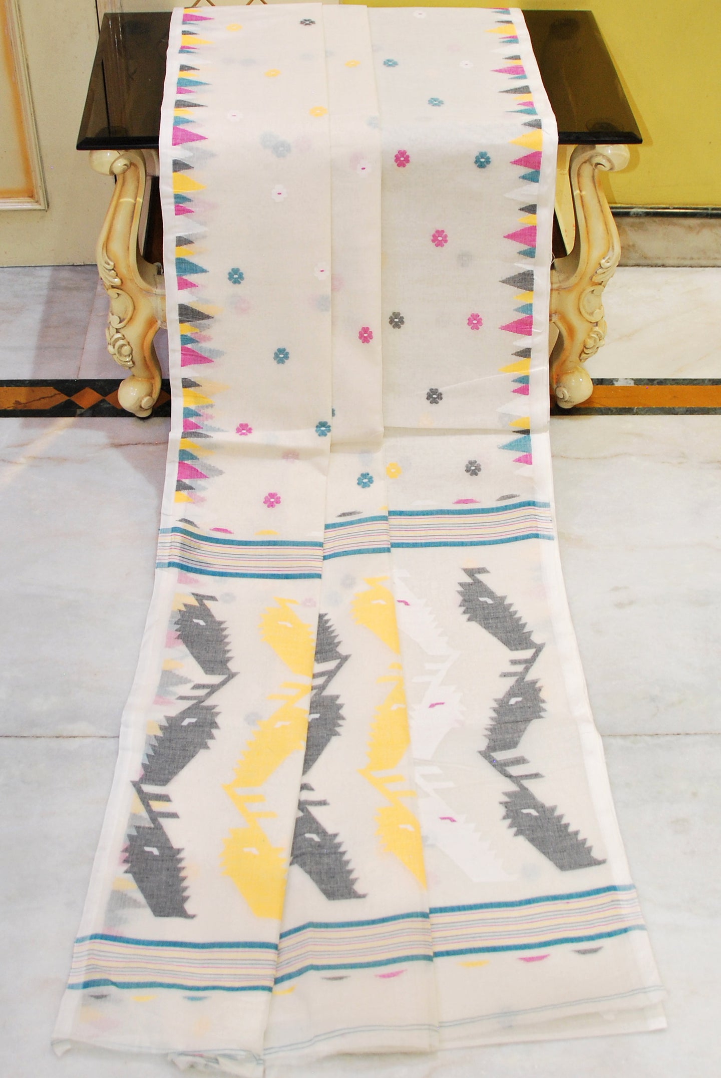 Crowned Temple Multicolored Nakshi Work Cotton Jamdani Saree in Spring White and Multicolored