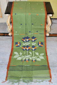 Traditional Karat Work Poth Jamdani Saree in Olive Green, Mustard Golden, Navy Blue and Off White