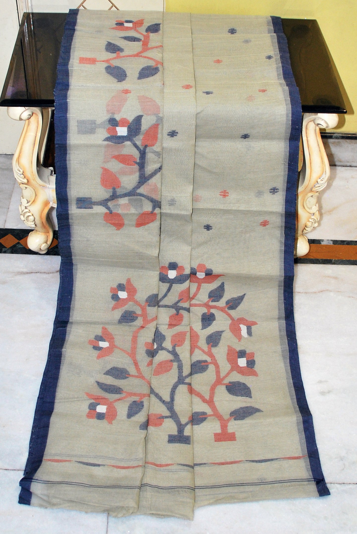 Skirt Nakshi Hand Work Jamdani Saree in Colonnade Grey with Midnight Blue, Brown and Off White Thread Work