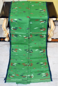Traditional Hand Karat Work Cotton Jamdani Saree in Emerald Green with Midnight Blue, Brown and Off White Thread Work