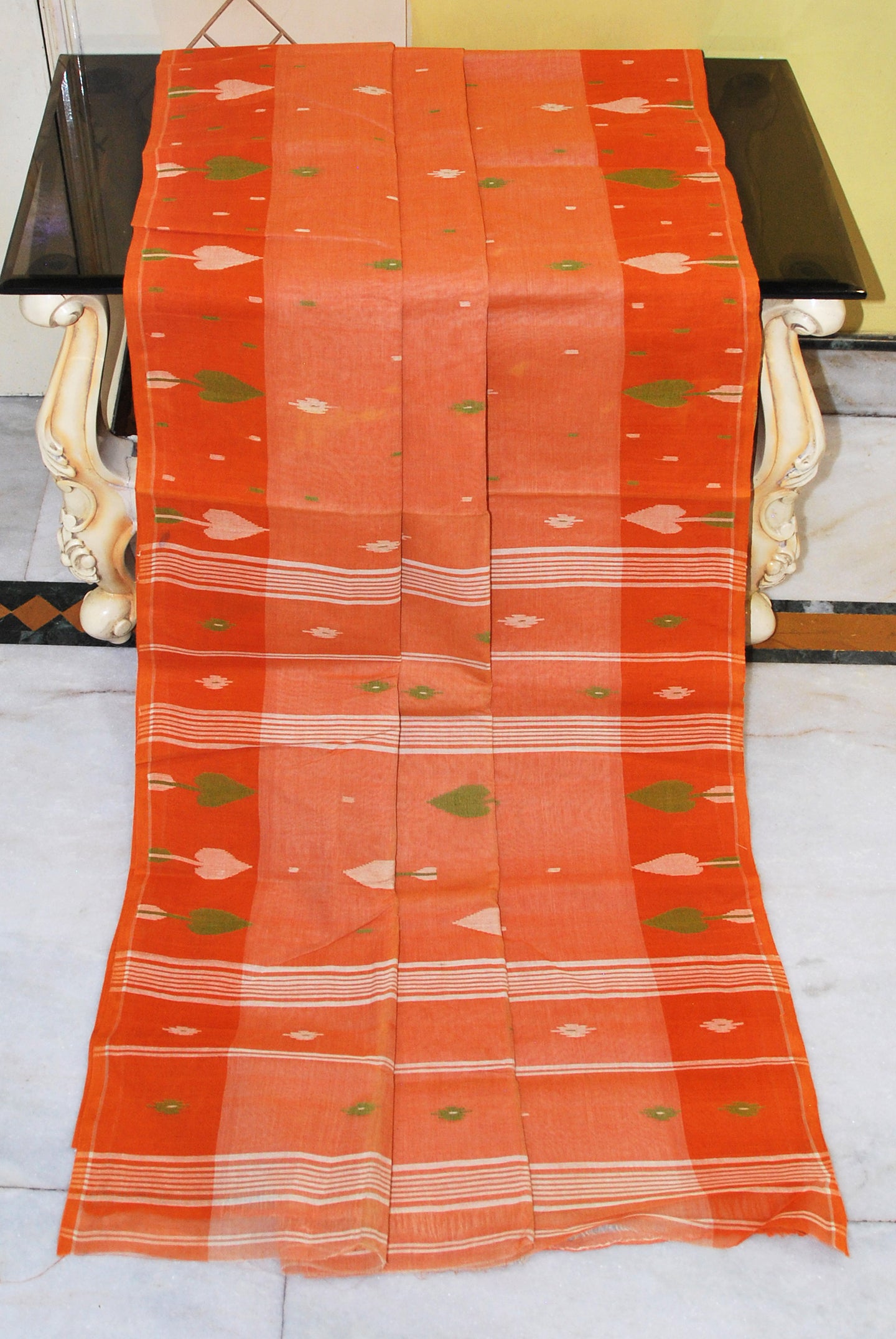 Traditional Hand Karat Work Cotton Jamdani Saree in Flame Orange, Green and Off White Thread Work