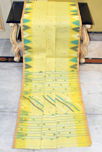 Crowned Temple Border Work Pure Cotton Bengal Jamdani Saree in Pastel Yellow, Off White, Rama green and Black
