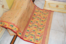 Hand Karat Needle Woven Work Pure Cotton Bengal Jamdani Saree in Beige with Red Selvage and Multicolored Thread Work