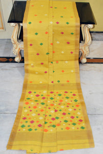 Poth Tussar Silk Border Pure Cotton Bengal Jamdani Saree in Warm Pastel Yellow and Multicolored Thread Work