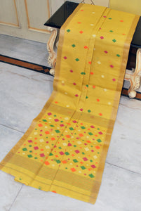 Poth Tussar Silk Border Pure Cotton Bengal Jamdani Saree in Warm Pastel Yellow and Multicolored Thread Work