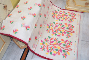 Hand Work Nakshi Butta Cotton Jamdani Saree Off White, Bright Red and Multicolor Thread Work