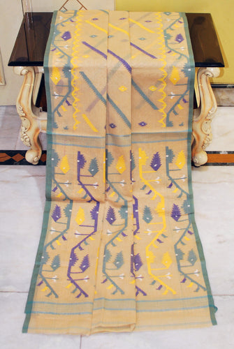 Traditional Handwoven Allover Needle Karat Work Cotton Dhakai Jamdani Saree in Beige, Sage Green and Multicolored Thread Work