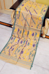 Traditional Handwoven Allover Needle Karat Work Cotton Dhakai Jamdani Saree in Beige, Sage Green and Multicolored Thread Work