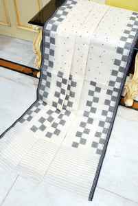 Designer Pure Cotton Bengal Jamdani Saree in Warm White and Black Thread Work