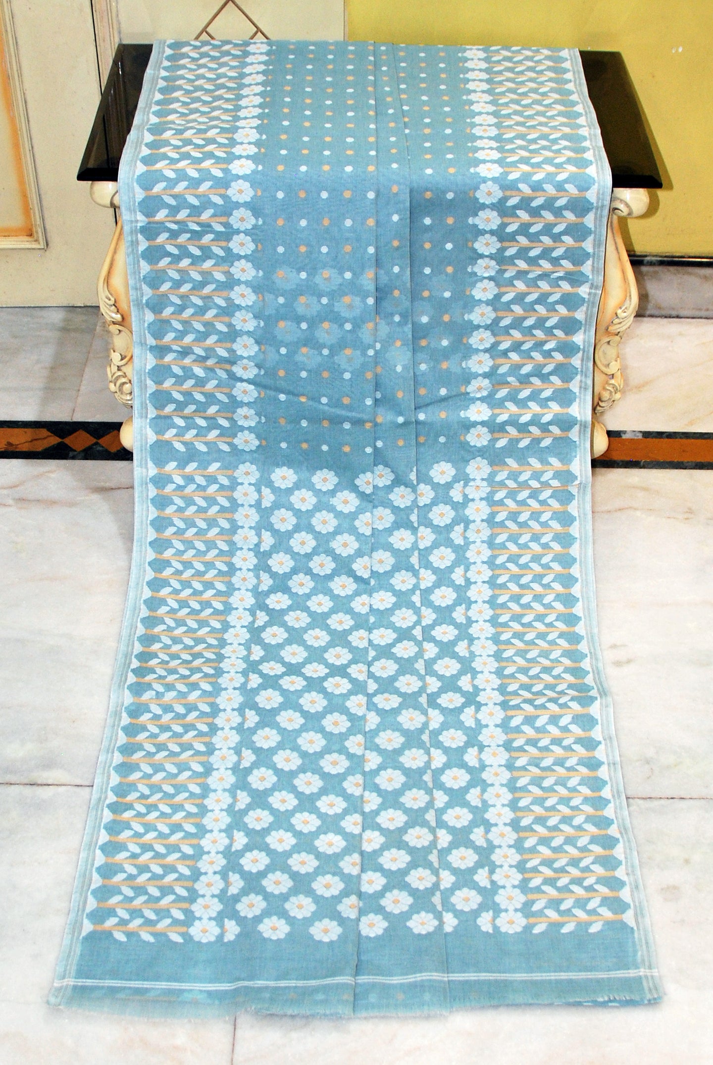 Nakshi Floral Work with Polka Butta Cotton Jamdani Saree in Pale Blue, Off White and Beige Thread Work