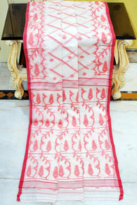 Traditional Handwoven Allover Needle Karat Work Cotton Dhakai Jamdani Saree in Off White and Red Thread Work