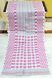 Nakshi Floral Work with Polka Butta Cotton Jamdani Saree in Cloud Grey, Magenta and Off White Thread Work