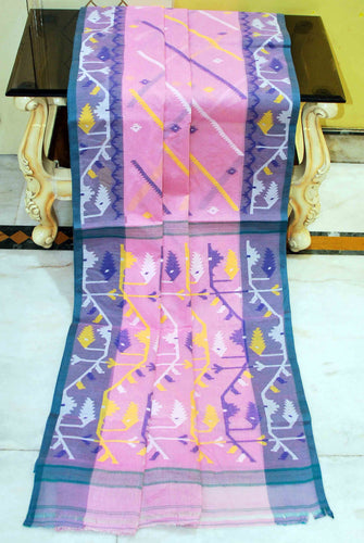 Traditional Handwoven Allover Needle Karat Work Cotton Dhakai Jamdani Saree in Light Pink, Grey Blue and Multicolored Thread Work