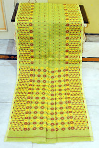 Nakshi Floral Work with Polka Butta Cotton Jamdani Saree in Lime Green, Maroon and Yellow Thread Work