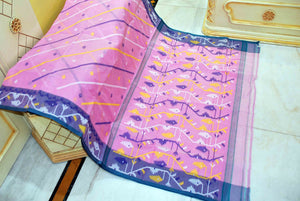 Traditional Handwoven Allover Needle Karat Work Cotton Dhakai Jamdani Saree in Light Pink, Grey Blue and Multicolored Thread Work