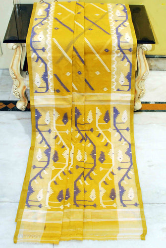 Traditional Handwoven Allover Needle Karat Work Cotton Dhakai Jamdani Saree in Mustard Yellow, Navy Blue and White Thread Work
