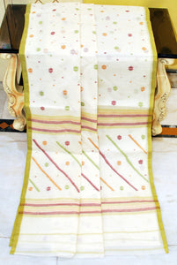 Traditional Needle Karat Work Poth Jamdani Saree in Off White, Pistachio green and Multicolored