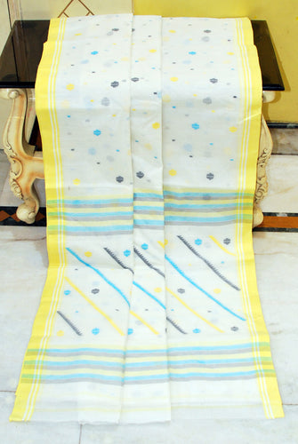 Traditional Needle Karat Work Poth Jamdani Saree in Powder White, Pastel Yellow and Multicolored