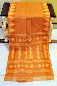 Crowned Temple Border Work Pure Cotton Bengal Jamdani Saree in Mustard Golden and Beige