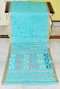 Tussar Silk Border Pure Cotton Bengal Jamdani Saree in Aqua Blue and Multicolored Thread Work