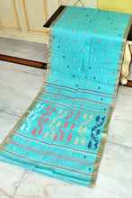 Tussar Silk Border Pure Cotton Bengal Jamdani Saree in Aqua Blue and Multicolored Thread Work