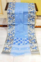 Tussar Silk Hand Woven Lotus Nakshi Border Cotton Dhakai Jamdani Saree in Blue, Off White and Golden Beige