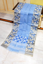 Tussar Silk Hand Woven Lotus Nakshi Border Cotton Dhakai Jamdani Saree in Blue, Off White and Golden Beige