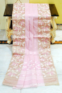 Tussar Silk Hand Woven Lotus Nakshi Border Cotton Dhakai Jamdani Saree in Baby Pink, Off White and Golden Beige