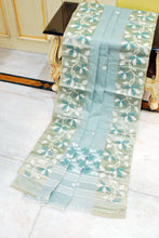 Tussar Silk Hand Woven Lotus Nakshi Border Cotton Dhakai Jamdani Saree in Paste Green, Off White and Golden Beige